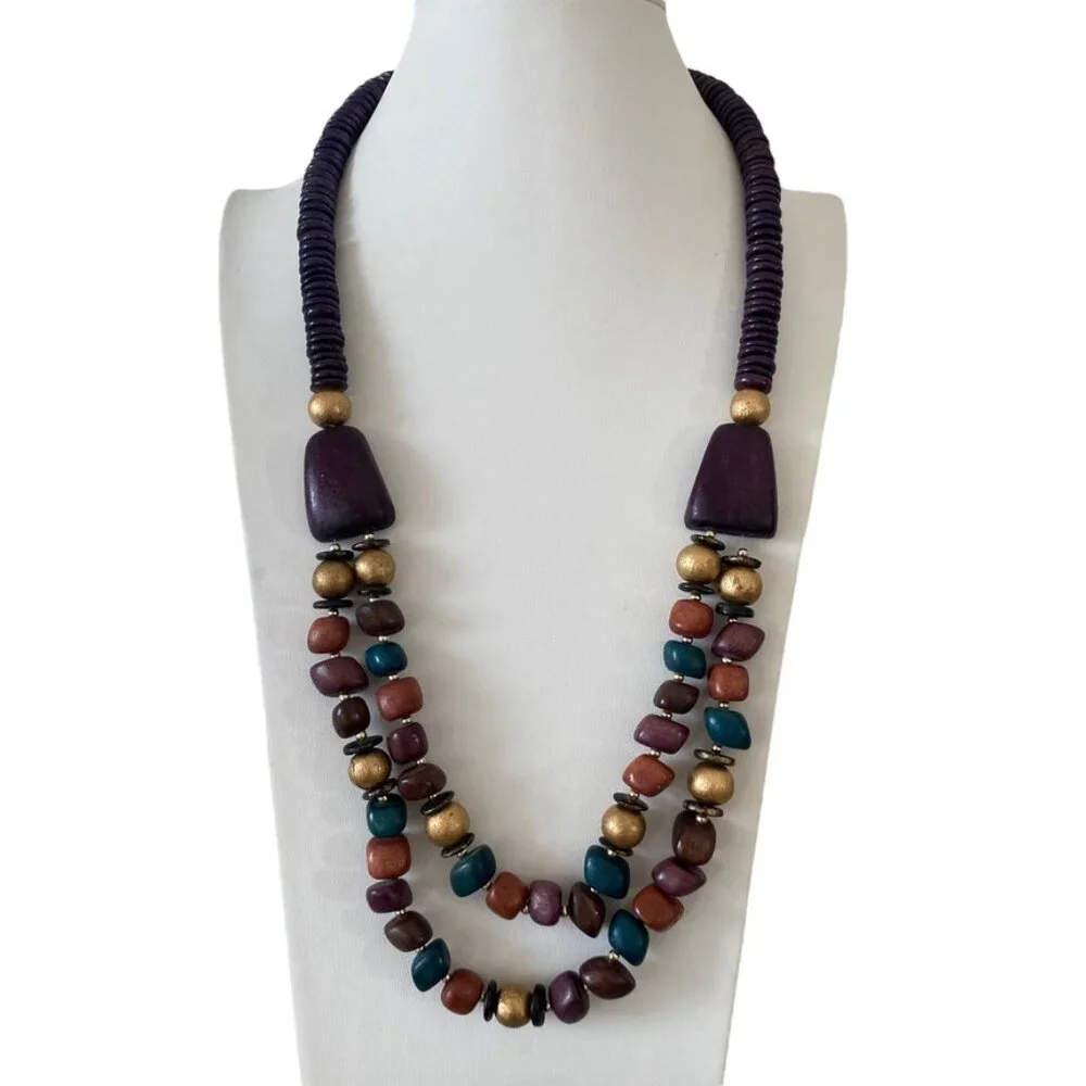 70s wooden necklace double strant multicolor